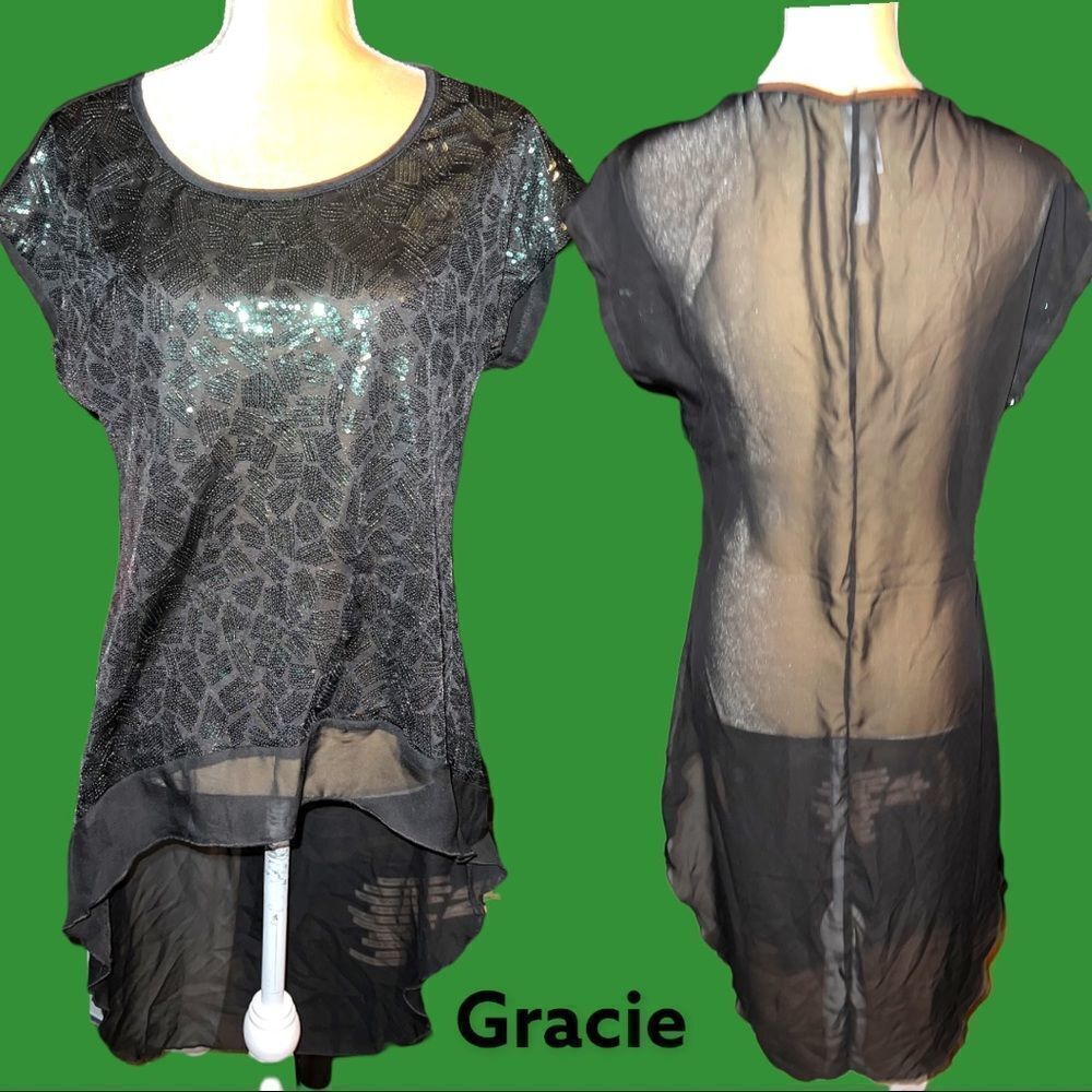 Nwot! Gracie brand sheer black top with green sequins on top front !